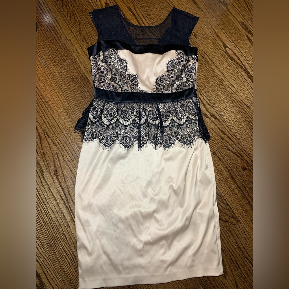 Signature by Sangria Black Lace Overlay Cream Sheath Dress